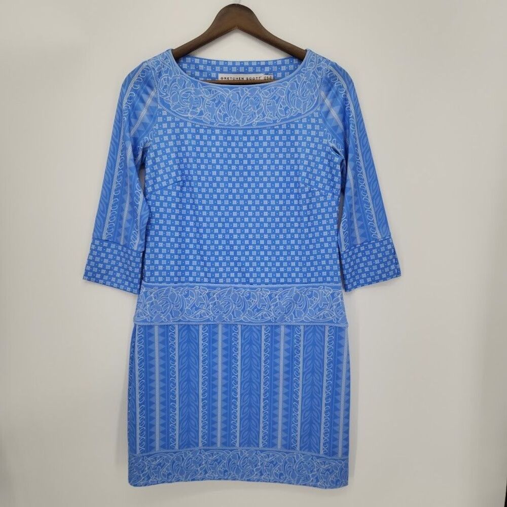 Gretchen Scott Designs Kanga Sheath Dress Jersey Blue Mixed Prints Size XS